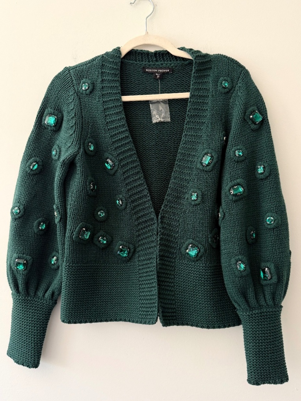 NWT Boston Proper Chunky Knit Cardigan Jeweled Embellished Emerald Novelty